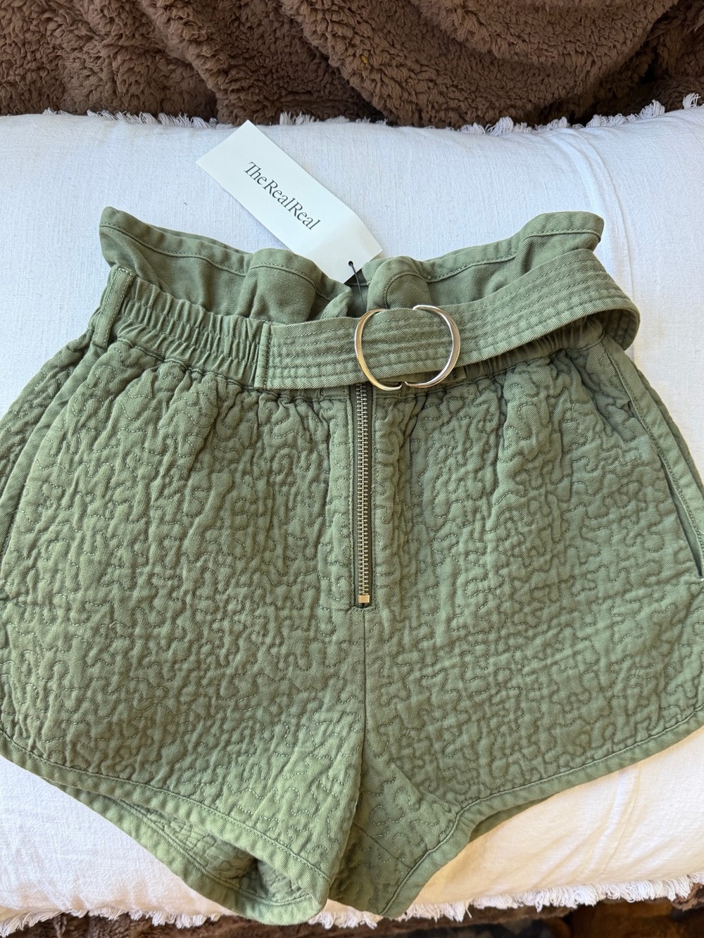 Sea New York Olive Green Quilted Paperbag Waist Belted Shorts Size 0